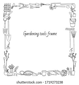 Gardening square frame with garden tools, vegetables, fruits, buckets, picket fence, flowers, sprout, seedling trees. Doodle style illustration in black ink. 