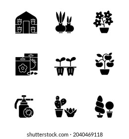 Gardening store categories black glyph icons set on white space. Flower pots and flower beds. Seedling trays for growing flowers at home. Silhouette symbols. Vector isolated illustration