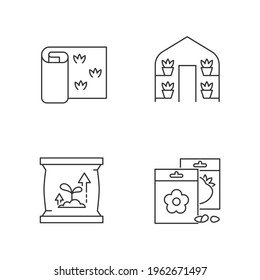 Gardening store categories linear icons set. Greenhouses for growing plants during cold year period. Customizable thin line contour symbols. Isolated vector outline illustrations. Editable stroke