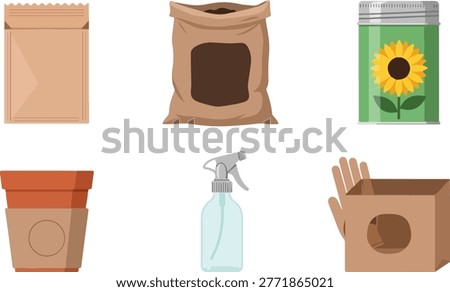 Gardening supplies: seed packets, soil bag, plant pot, spray bottle, gloves.
