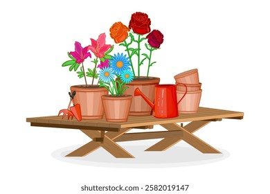 Gardening table with potted flowers, pots and watering can on white background. Floristic wooden table for greenhouse plants care. Concept of horticulture.Plants for backyard.Stock vector illustration