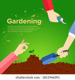 Gardening template. Hands holding tools. To sow the seed. A plant grows out of the ground. Plow the land.