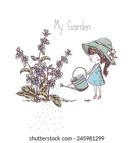 gardening theme, girl watering flowers