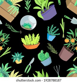 Tema de jardinería, herramientas, macetas. Patrón sin fisuras del vector dibujado a mano. Ornamento de caricatura de primavera en colores vivos. Diseño para tela, textil, papel de pared, fondo, impresión, decoración, envoltura, tarjeta