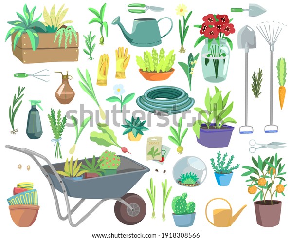 Gardening theme, tools, potted plants,\
accessories. Collection of hand drawn vector illustrations.\
Colorful cartoon cliparts isolated on white. Elements for design,\
print, decor, card, sticker,\
banner