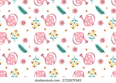 Gartenarbeit Thema wiederholenden Hintergrund mit Hydratationswerkzeugen und Frühlingsblüten. Endlose Blumentextur für Wohndekoration, Stoffdrucke und umweltfreundliche Verpackungsdesigns.