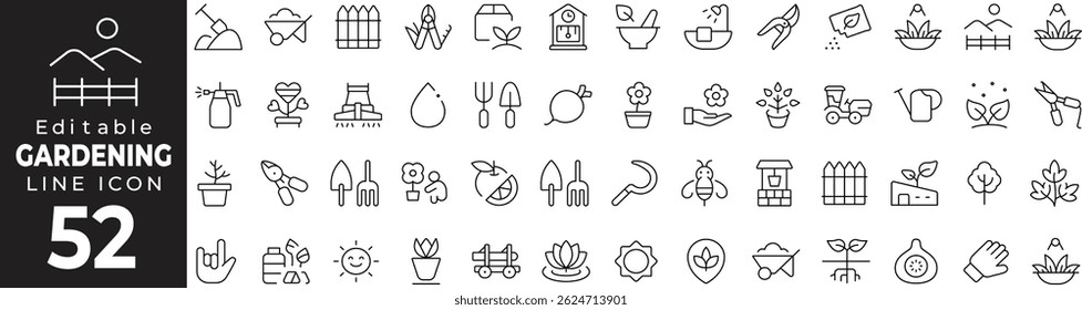 Gardening Thin Line Icon Set – Plants, Tools, Backyard