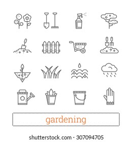 Gardening thin line icons. Vector set of plant growing and horticulture signs.