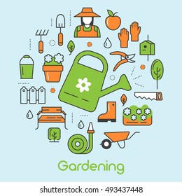 Gardening Thin Line Vector Icons Set with Flowers and Gardener