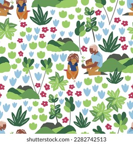 Gardening time daughter and father vector seamless pattern. With flowers, trees, and plants