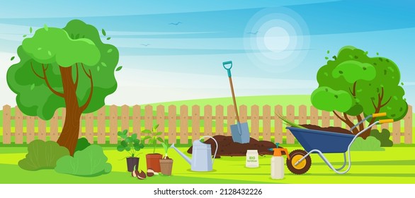 Gardening time. Garden plot with dug up earth, seedlings in peat pots, a wheelbarrow and other garden tools. Vector illustration
