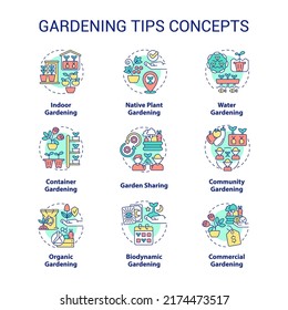 Gardening tips concept icons set. Plant care. Planting and growing flowers idea thin line color illustrations. Isolated symbols. Editable stroke. Roboto-Medium, Myriad Pro-Bold fonts used