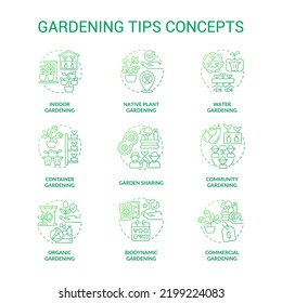 Gardening tips green gradient concept icons set. Plant care. Planting and growing flowers idea thin line color illustrations. Isolated symbols. Roboto-Medium, Myriad Pro-Bold fonts used