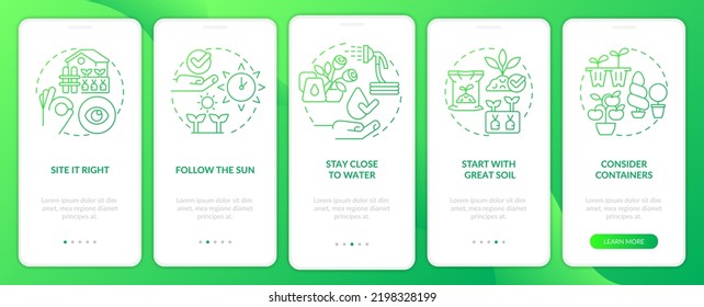 Gardening tips green gradient onboarding mobile app screen. Successful planting walkthrough 5 steps graphic instructions with linear concepts. UI, UX, GUI template. Myriad Pro-Bold, Regular fonts used