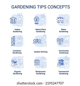 Gardening tips light blue concept icons set. Plant care. Planting and growing flowers idea thin line color illustrations. Isolated symbols. Editable stroke. Roboto-Medium, Myriad Pro-Bold fonts used