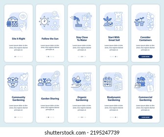 Gardening tips light blue onboarding mobile app screen set. Walkthrough 5 steps editable graphic instructions with linear concepts. UI, UX, GUI template. Myriad Pro-Bold, Regular fonts used