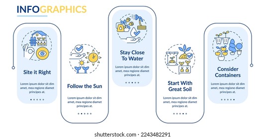 Consejos de jardinería plantilla de infografía rectangular. Plantación exitosa. Visualización de datos con 5 pasos. Gráfico de información de línea de tiempo editable. Diseño de flujo de trabajo con iconos de línea. Lato-Bold, fuentes regulares usadas