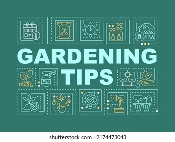 Gardening tips word concepts dark green banner. Plants care. Infographics with editable icons on color background. Isolated typography. Vector illustration with text. Arial-Black font used
