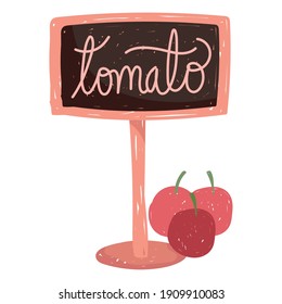 gardening tomato lettering signboard and vegetables vector illustration