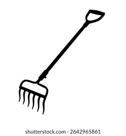 Gardening tool black silhouette long handled rake.