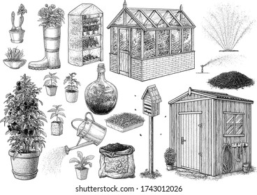 Gardening tool collection, illustration, drawing, engraving, ink, line art, vector