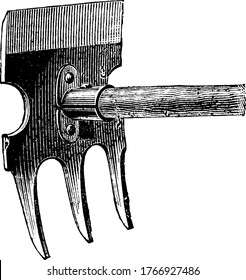 Gardening tool Combination of fork and hoe, vintage line drawing or engraving illustration.