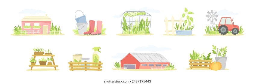 Gardening with Tool and Equipment for Plant Cultivation and Agriculture Vector Set