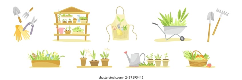 Gardening with Tool and Equipment for Plant Cultivation and Agriculture Vector Set