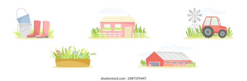 Gardening with Tool and Equipment for Plant Cultivation and Agriculture Vector Set