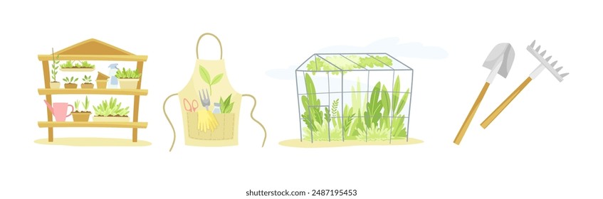 Gardening with Tool and Equipment for Plant Cultivation and Agriculture Vector Set