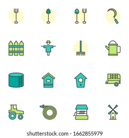 Gardening tool filled outline icons set, line vector symbol collection, Agriculture linear colorful pictogram pack. Signs, logo illustration, Set includes icons as rake, shovel, spade, scarecrow, hose