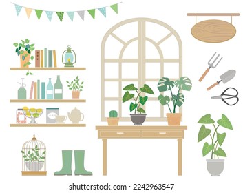 Gardening tool. Green house. Flower shop.