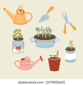 Gardening Tool Hand Drawn Set with Recycle Pot and Plant Care Elements