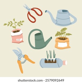 Gardening Tool Hand Drawn Set with Recycle Pot and Plant Care Elements