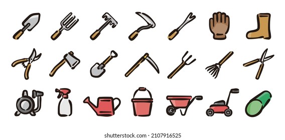Gardening tool icon set for graphic (Hand draw color version)