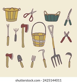 Gardening tool illustrations for children. tool set, cute, doodle, hand drawing. vector