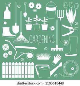 Gardening tool kit. Shovel, rake, bucket, watering can, fence, garden trolley, gloves, water hose, rubber boots, tulips, seedlings. Vector silhouettes on green background.