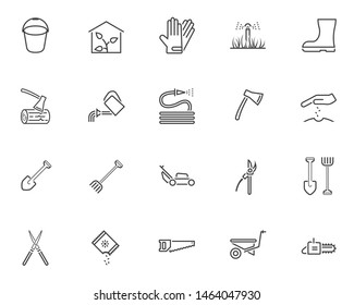 Gardening tool line icons set. linear style symbols collection, outline signs pack. vector graphics. Set includes icons as greenhouse, watering hose, seedling, rack and shovel, lawn mower, wheelbarrow