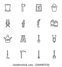 Gardening tool line icons set, outline vector symbol collection, linear style pictogram pack. Signs, logo illustration. Set includes icons as protective gloves, rake, shovel, soil cultivator, apron