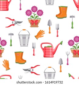 Gardening tool seamless pattern. Bucket, shovel, pitchfork, rake, pruner, saw, watering can, flower in pot isolated on white background. Vector illustration in cartoon simple flat style. 