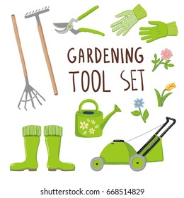 Gardening tool set. Collection of brightly colored illustrations of equipment and protective gear. Isolated on white background. Rakes, lawn mower, pruners, watering can, rubber boots, gloves, flowers