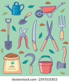 gardening tool set, shovel, wheelbarrow, sickle, watering can, fertilizer