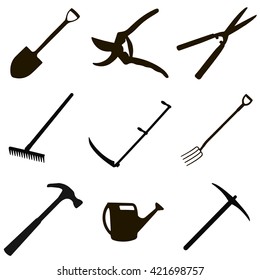 gardening tool set - spade, secateurs, garden shears, rake, scythe for grass, garden forks, hammer, hose, hoe, in vector for print or design