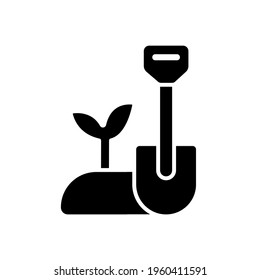 Gardening tool shovel and plant glyph icon. Garden inventory, equipment. Customizable thin line contour symbols. Isolated vector outline illustrations.
