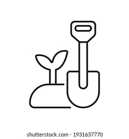 Gardening tool shovel and plant linear icon. Garden inventory, equipment. Customizable thin line contour symbols. Isolated vector outline illustrations. Editable stroke