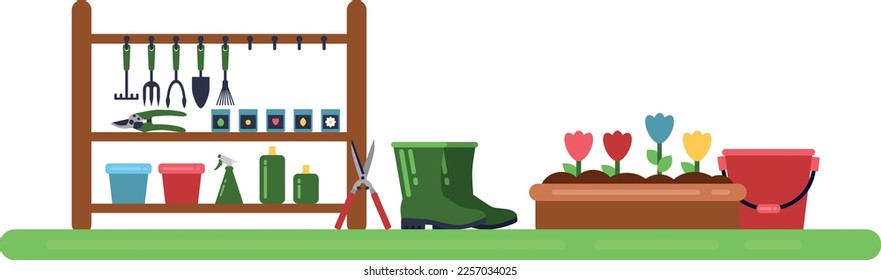 Gardening tool storage. Color farming equipment icons