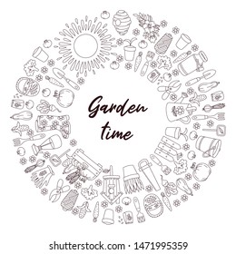 Gardening tool symbols doodle vector icons round shape frame design vector illustration