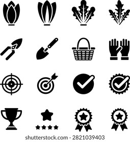 gardening gardening tools gardening accessories achievement and target icons with plants flowers gloves
