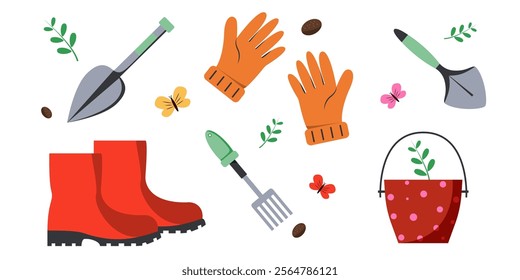 Gardening tools and accessories arranged on a bright background