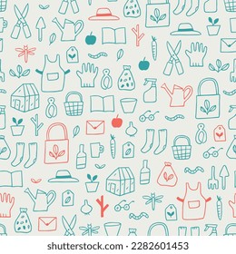 Gardening tools and accessories doodle - cute seamless repeating pattern illustration